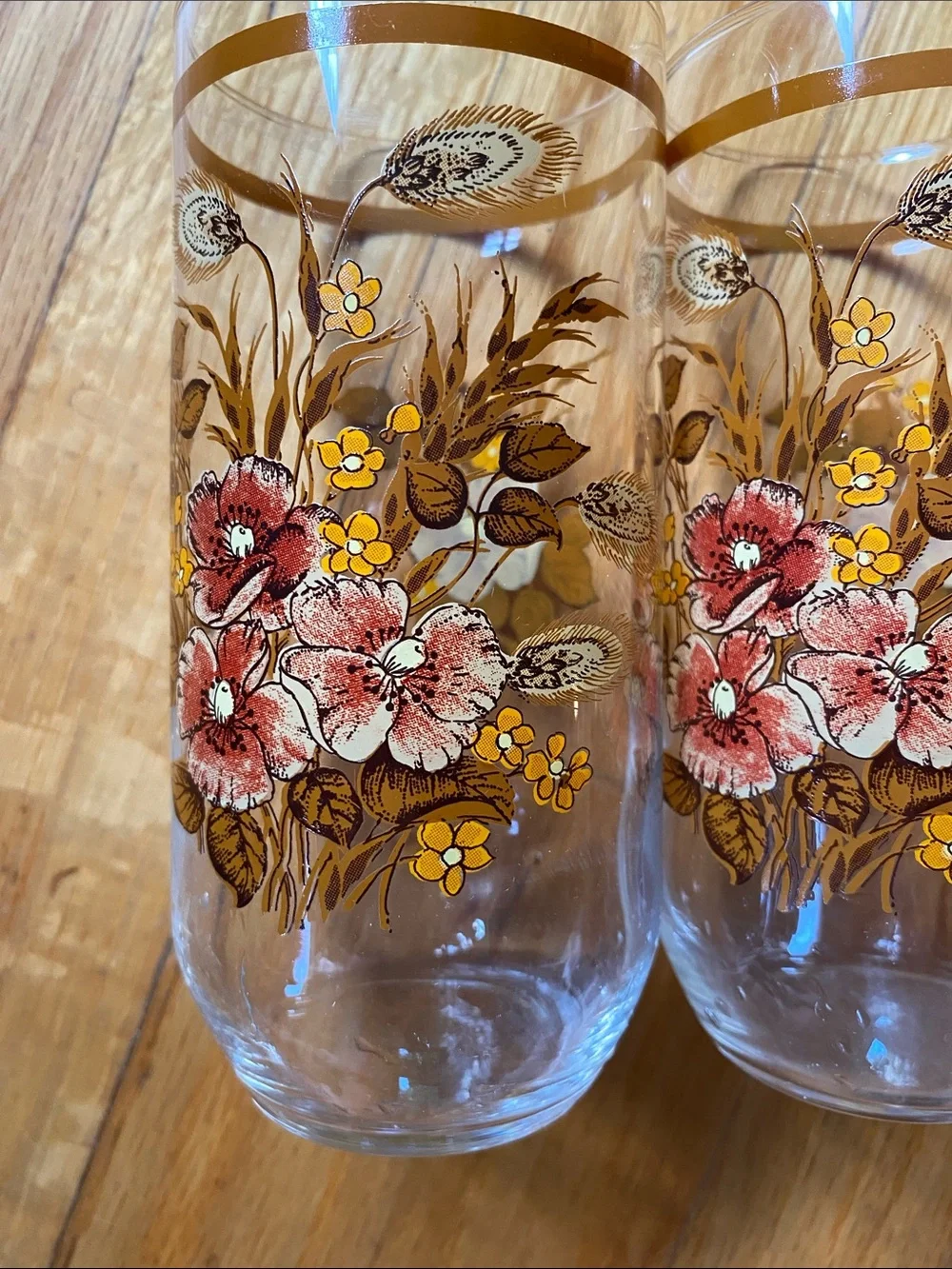 Vintage 1970’s Floral Brown Rim Glass Tumbler Set of 4 Drinkware